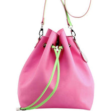 Load image into Gallery viewer, SCORE! Sarah Jean Crossbody Large BoHo Bucket Bag- Pink and Lime Green
