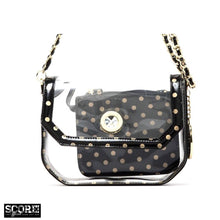 Load image into Gallery viewer, SCORE! Chrissy Medium Designer Clear Cross-body Bag - Black and Metallic Gold
