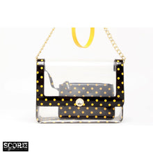 Load image into Gallery viewer, SCORE! Chrissy Medium Designer Clear Cross-body Bag -Black and  Yellow Gold
