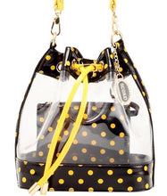 Load image into Gallery viewer, SCORE! Clear Sarah Jean Designer Crossbody Polka Dot Boho Bucket Bag- Black and Gold Yellow
