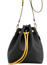 Load image into Gallery viewer, SCORE! Sarah Jean Crossbody Large BoHo Bucket Bag - Black and Gold Yellow

