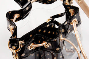 SCORE! Clear Sarah Jean Designer Crossbody Polka Dot Boho Bucket Bag-Black and Gold Gold