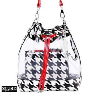 SCORE! Clear Sarah Jean Designer Crossbody Polka Dot Boho Bucket Bag-Houndstooth Black, White and Red
