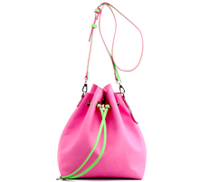 Load image into Gallery viewer, SCORE! Sarah Jean Crossbody Large BoHo Bucket Bag- Pink and Lime Green
