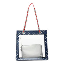 Load image into Gallery viewer, SCORE! Andrea Large Clear Designer Tote for School, Work, Travel - Navy Blue, White and Racing Red
