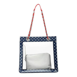 SCORE! Andrea Large Clear Designer Tote for School, Work, Travel - Navy Blue, White and Racing Red