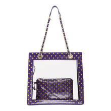 Load image into Gallery viewer, SCORE! Andrea Large Clear Designer Tote for School, Work, Travel - Royal Purple and  Yellow Gold
