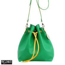 Load image into Gallery viewer, SCORE! Sarah Jean Crossbody Large BoHo Bucket Bag- Fern Green and Yellow Gold
