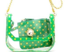 Load image into Gallery viewer, SCORE! Chrissy Small Designer Clear Crossbody Bag - Fern Green and Yellow Gold
