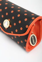 Load image into Gallery viewer, SCORE! Eva Designer Crossbody Clutch - Black and Orange Polka Dot
