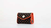 Load image into Gallery viewer, SCORE! Eva Designer Crossbody Clutch - Black and Orange Polka Dot
