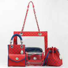 Load image into Gallery viewer, SCORE! Sarah Jean Small Crossbody Polka dot BoHo Bucket Bag - Red and Blue

