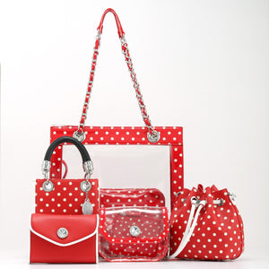 SCORE! Clear Sarah Jean Designer Crossbody Polka Dot Boho Bucket Bag-Red and White