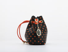 Load image into Gallery viewer, SCORE! Sarah Jean Small Crossbody Polka dot BoHo Bucket Bag - Black and Orange
