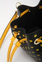 Load image into Gallery viewer, SCORE! Sarah Jean Small Crossbody Polka dot BoHo Bucket Bag- Black and Gold Yellow
