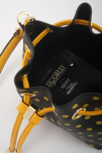 Load image into Gallery viewer, SCORE! Sarah Jean Small Crossbody Polka dot BoHo Bucket Bag- Black and Gold Yellow VCU Rams, Northern Kentucky Norse, Wichita State Shockers, Towson Tigers, UMBC Retrievers, Appalachian State Mountaineers, Grambling State Tigers, Alabama State Hornets, Arkansas-Pine Bluff golden Lions, NFL Pittsburgh Steelers, MLB Pittsburg Pirates, MLS Columbus Crew
