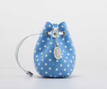 Load image into Gallery viewer, SCORE! Sarah Jean Small Crossbody Polka dot BoHo Bucket Bag - Light Blue and White
