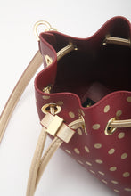 Load image into Gallery viewer, SCORE! Sarah Jean Small Crossbody Polka dot BoHo Bucket Bag - Maroon Crimson and Gold

