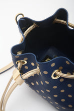 Load image into Gallery viewer, SCORE! Sarah Jean Small Crossbody Polka dot BoHo Bucket Bag - Blue and Gold Gold
