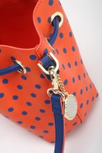 Load image into Gallery viewer, SCORE! Sarah Jean Small Crossbody Polka dot BoHo Bucket Bag - Orange and Blue
