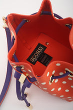 Load image into Gallery viewer, SCORE! Sarah Jean Small Crossbody Polka dot BoHo Bucket Bag - Orange, White and Purple
