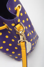 Load image into Gallery viewer, SCORE! Sarah Jean Small Crossbody Polka dot BoHo Bucket Bag - Purple and Gold Yellow
