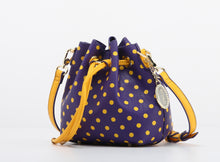 Load image into Gallery viewer, SCORE! Sarah Jean Small Crossbody Polka dot BoHo Bucket Bag - Purple and Gold Yellow University of Northern Iowa, University at Albany NY Great Danes, Tennessee Tech University Cookeville, East Carolina University, Lipscomb Bisons, East Carolina Pirates, Albany Great Danes, Prairie View A&amp;M Panthers, Alcorn State Braves, NFL Minnesota Vikings, NBA LA Lakers, MLS  Orlando City FC Lions
