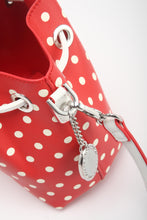 Load image into Gallery viewer, SCORE! Sarah Jean Small Crossbody Polka dot BoHo Bucket Bag- Red and Whit
