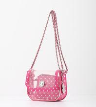 Load image into Gallery viewer, SCORE! Chrissy Small Designer Clear Crossbody Bag - Pink and Silver
