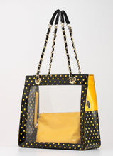 Load image into Gallery viewer, SCORE! Andrea Large Clear Designer Tote for School, Work, Travel - Black and Gold Yellow
