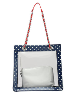 SCORE! Andrea Large Clear Designer Tote for School, Work, Travel - Navy Blue, White and Racing Red