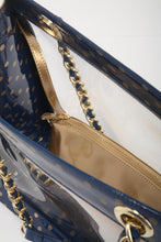 Load image into Gallery viewer, SCORE! Andrea Large Clear Designer Tote for School, Work, Travel - Navy Blue and Metallic Gold
