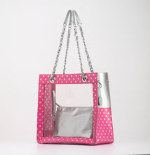 Load image into Gallery viewer, SCORE! Andrea Large Clear Designer Tote for School, Work, Travel - Pink and Silver
