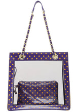 Load image into Gallery viewer, SCORE! Andrea Large Clear Designer Tote for School, Work, Travel - Royal Purple and  Yellow Gold
