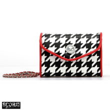 Load image into Gallery viewer, SCORE! Eva Designer Crossbody Clutch - Black and White Houndstooth with Racing Red
