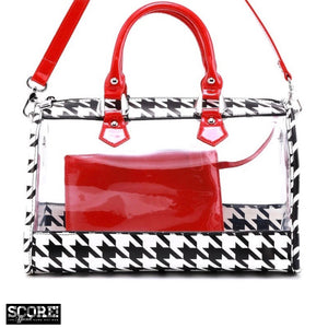 SCORE! Moniqua Large Designer Clear Crossbody Satchel - Houndstooth and Racing Red