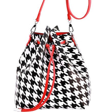 Load image into Gallery viewer, SCORE! Sarah Jean Crossbody Large BoHo Bucket Bag- Black and White Houndstooth and Red

