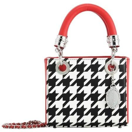SCORE! Game Day Bag Purse Jacqui Classic Top Handle Crossbody Satchel  - Black and White Houndstooth and Red University of Alabama Roll Tide Crimson Tide 'Bama