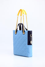 Load image into Gallery viewer, SCORE!&#39;s Kat Travel Tote for Business, Work, or School Quilted Shoulder Bag - Light Blue, Navy Blue and Yellow Gold

