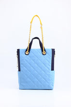 Load image into Gallery viewer, SCORE!&#39;s Kat Travel Tote for Business, Work, or School Quilted Shoulder Bag - Light Blue, Navy Blue and Yellow Gold
