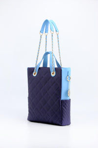 SCORE!'s Kat Travel Tote for Business, Work, or School Quilted Shoulder Bag- Navy Dark Blue and Light Blue