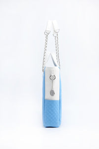 SCORE!'s Kat Travel Tote for Business, Work, or School Quilted Shoulder Bag - Light Blue and White