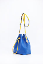 Load image into Gallery viewer, SCORE! Sarah Jean Crossbody Large BoHo Bucket Bag - Royal Blue and Gold Yellow
