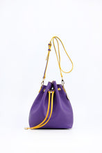 Load image into Gallery viewer, SCORE! Sarah Jean Crossbody Large BoHo Bucket Bag - Purple and Gold Yellow
