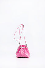 Load image into Gallery viewer, SCORE! Sarah Jean Small Crossbody Polka dot BoHo Bucket Bag - Pink and White
