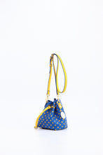 Load image into Gallery viewer, SCORE! Sarah Jean Small Crossbody Polka dot BoHo Bucket Bag- Royal Blue and Gold Yellow
