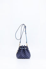 Load image into Gallery viewer, SCORE! Sarah Jean Small Crossbody Polka dot BoHo Bucket Bag - Navy Blue and Light Blue
