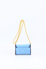 Load image into Gallery viewer, SCORE! Eva Designer Crossbody Clutch - Light Blue, Navy Blue and Gold Yellow
