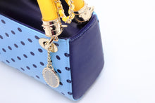 Load image into Gallery viewer, SCORE! Jacqui Classic Top Handle Crossbody Satchel - Light Blue, Navy Blue and  Yellow Gold

