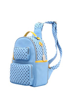 Load image into Gallery viewer, SCORE! Natalie Michelle Medium Polka Dot Designer Backpack  - Light Blue, Navy Blue and Yellow Gold
